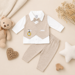 Beige and white baby boy waistcoat-style outfit with a bow tie,