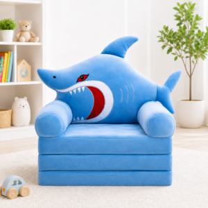Shark Baby Seater with soft plush fabric, supportive backrest and comfortable seating for babies.