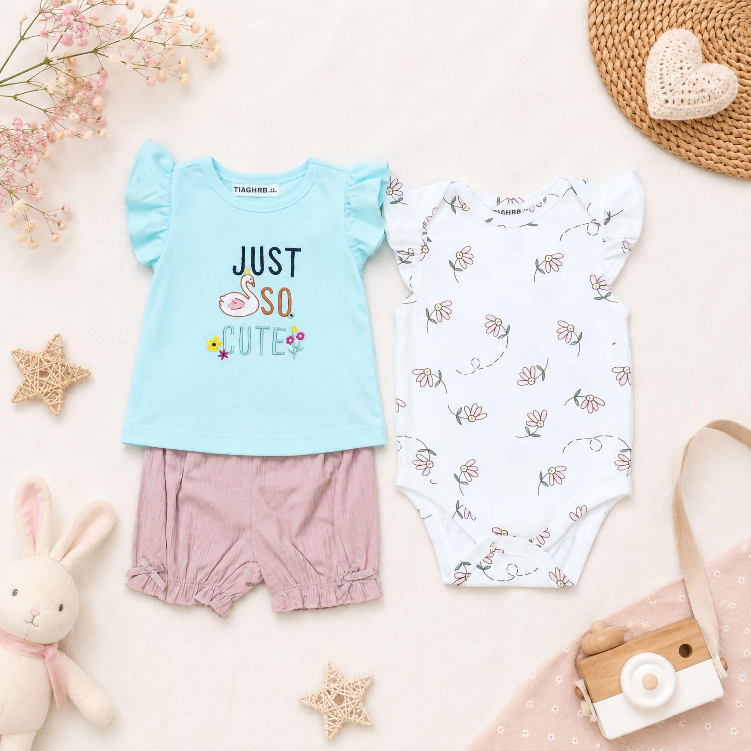 Baby Girl Floral Meadow Swan 3 Piece Summer Set