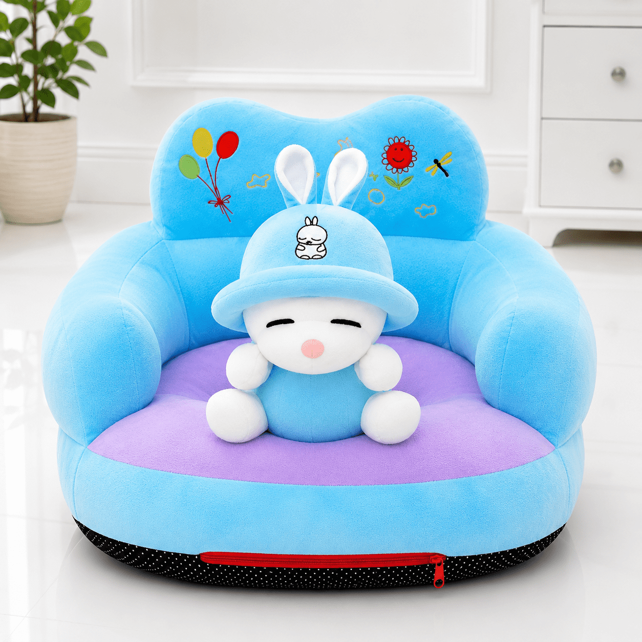 Bunny Baby Seater with soft plush fabric, ergonomic baby support seat, comfortable baby sofa seat and non-slip base for babies.