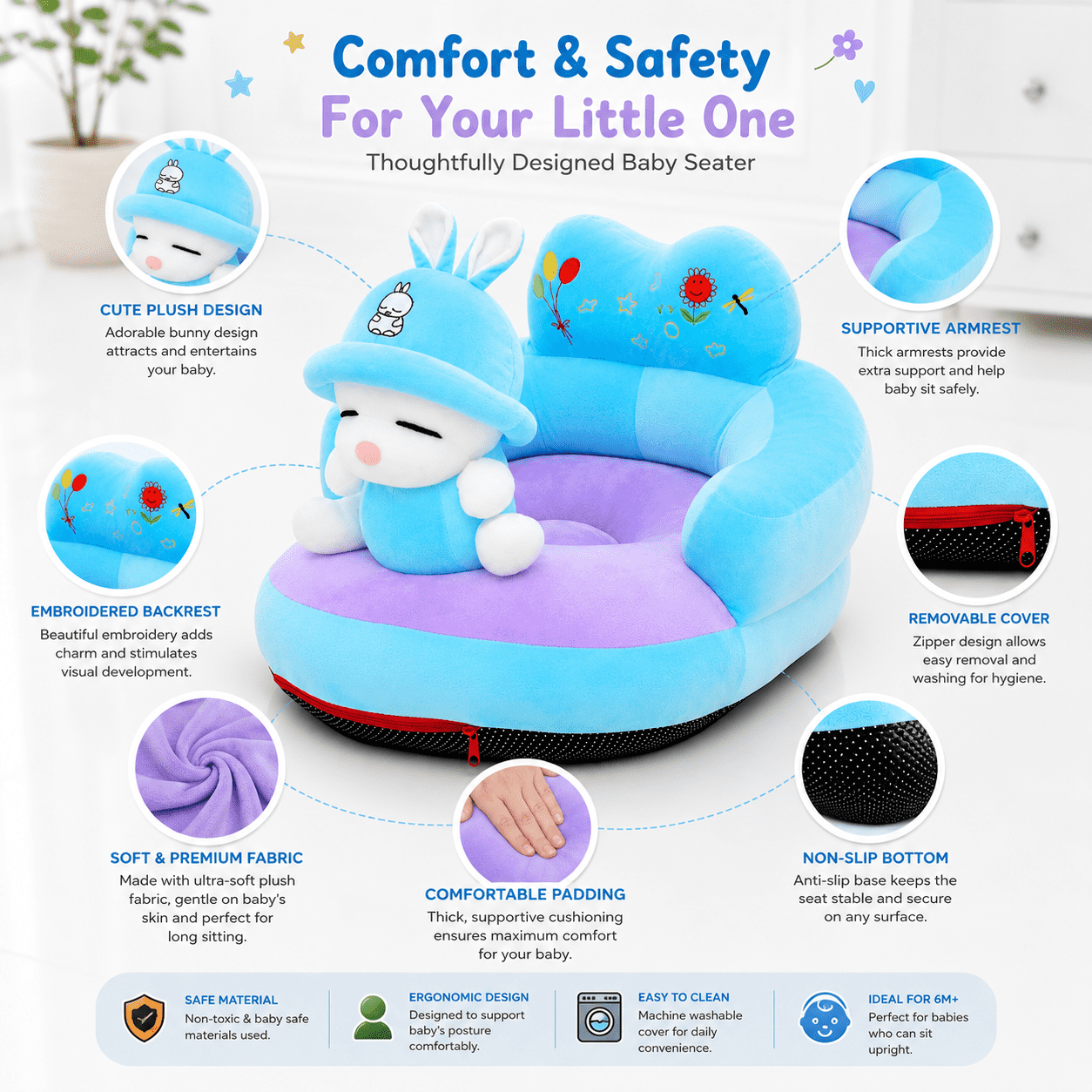 Bunny Baby Seater with soft plush fabric, ergonomic baby support seat, comfortable baby sofa seat and non-slip base for babies.