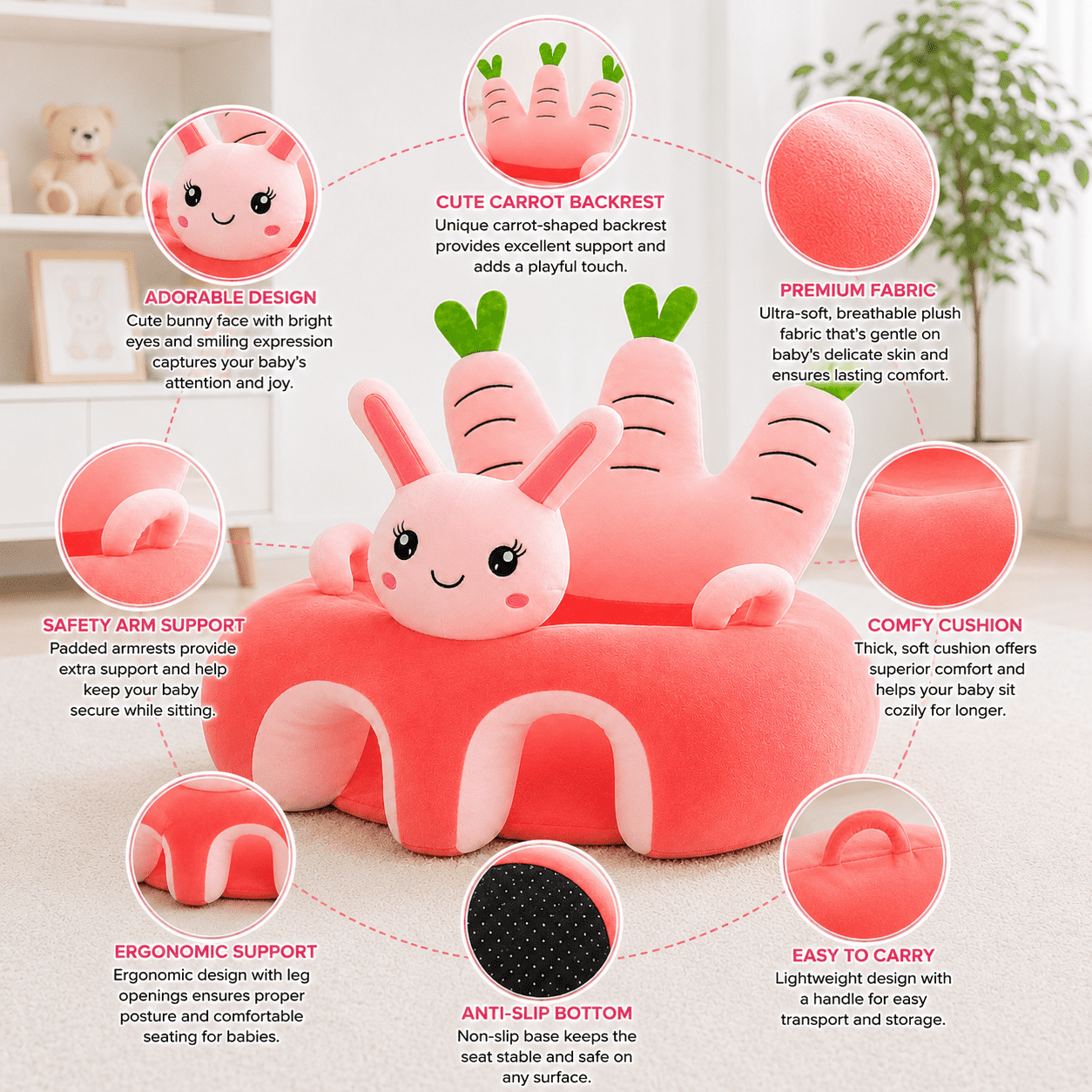 Carrot Baby Seater with soft plush fabric, ergonomic baby support seat, comfortable baby sofa seat and stable seating for babies.