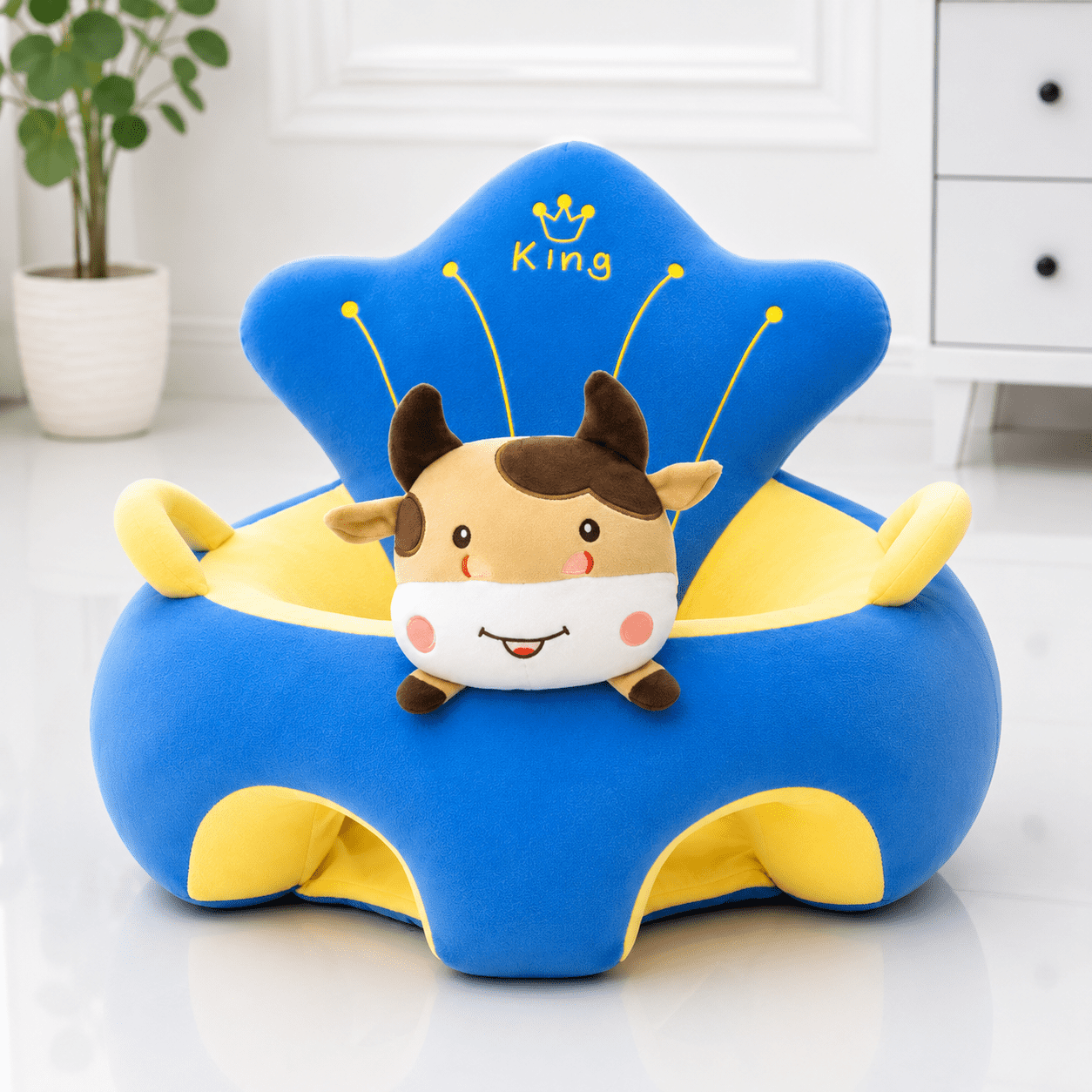 Cow Baby Seater with soft plush fabric, ergonomic support and comfortable seating for babies.