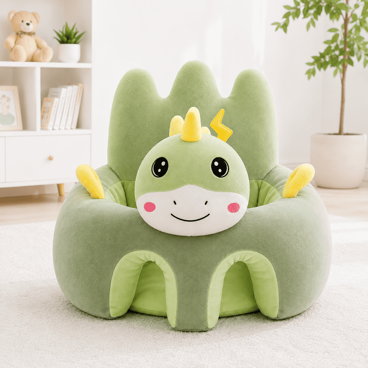 Dino Baby Seater with soft plush fabric, ergonomic back support and comfortable seating for babies.