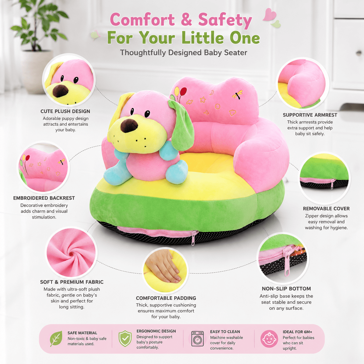Puppy Baby Seater with soft plush fabric, ergonomic baby support seat, comfortable baby sofa seat and non-slip base for babies.