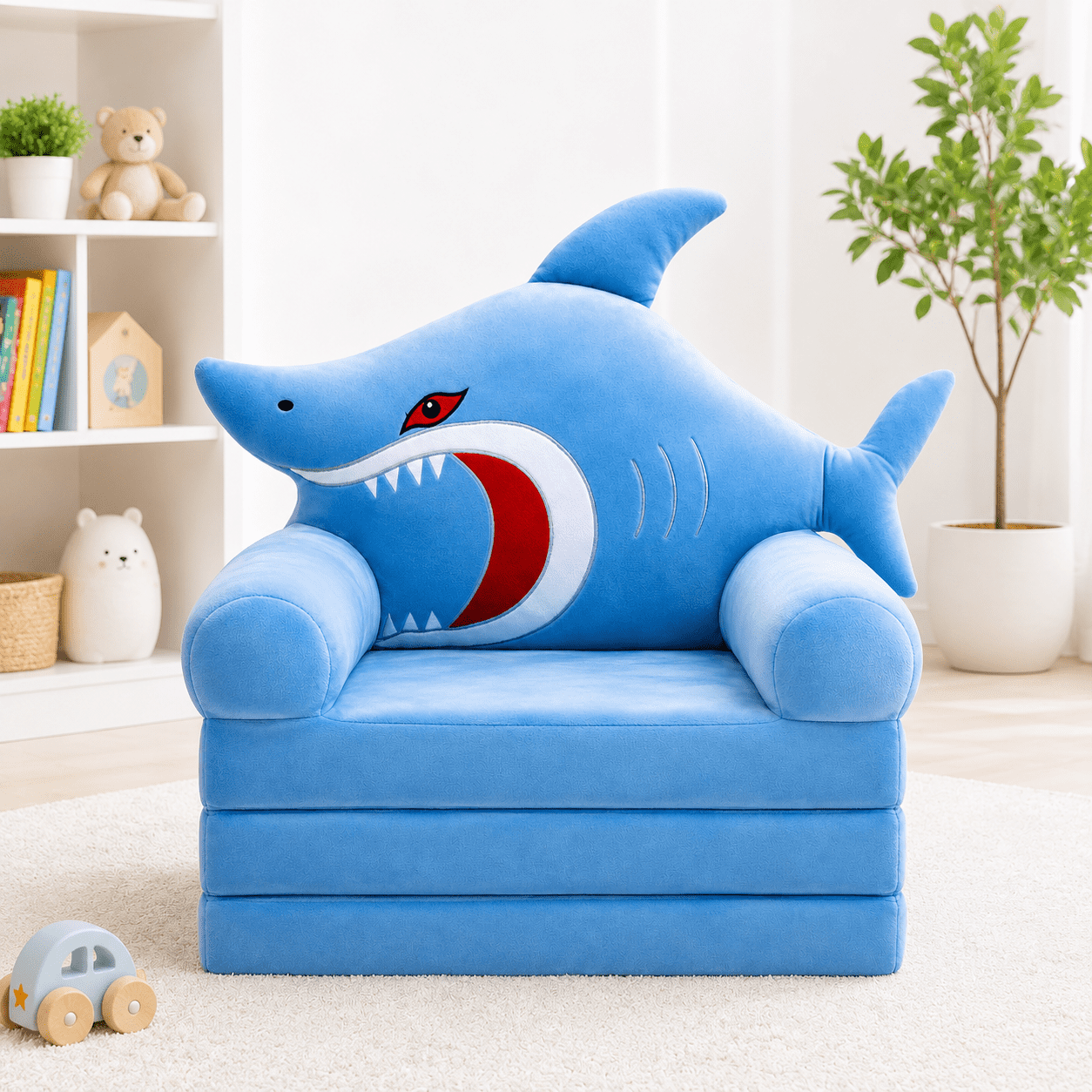 Shark Baby Seater with soft plush fabric, supportive backrest and comfortable seating for babies.