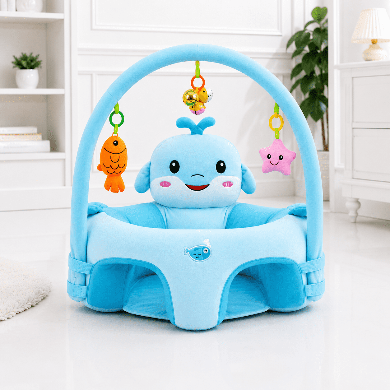 Whale Baby Seater with soft plush fabric, 360° support, hanging toys and comfortable seating for babies.